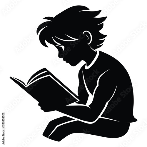 Teenager sitting cross-legged, reading a book, silhouette style, capturing calm focus and youthful curiosity, perfect for education or reading-themed designs.
