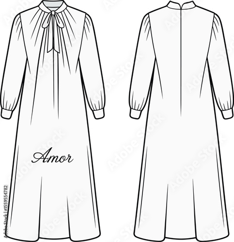 Women's long sleeve maxi dress technical flat sketch, elegant front and back view design, bow neck detail, fashion template illustration

 flat vector illustration