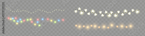 Christmas lights. Bright Xmas garland. Vector glow light bulbs on wire strings.