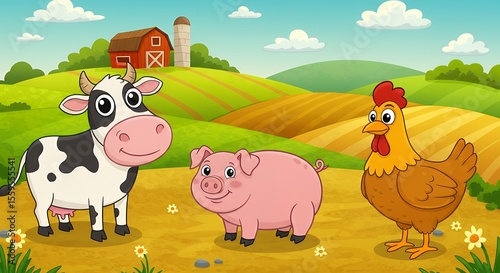 Group of Happy Cartoon Farm Animals Outside Barn