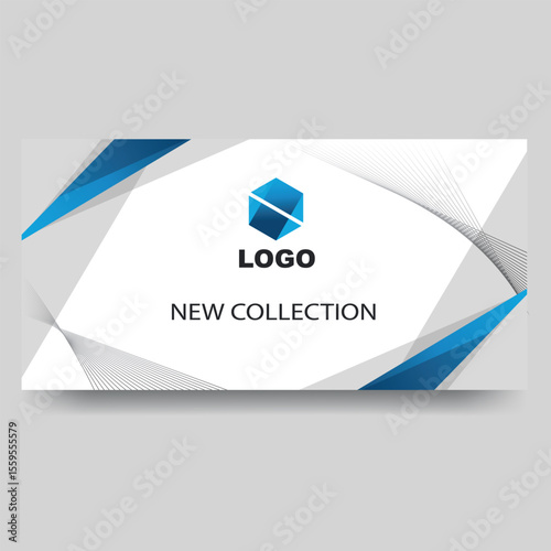 Modern abstract banner with geometric blue shapes and thin lines, announcing a "NEW COLLECTION" with a logo space.