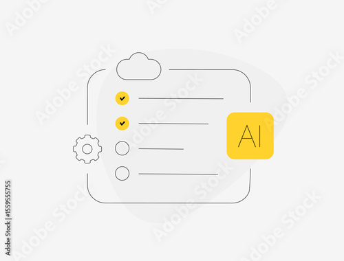 AI productivity tools for smart task manager and intelligent checklist. Flat minimal interface with cloud and gear icons visualizing AI to do list features and automated workflow. Vector illustration