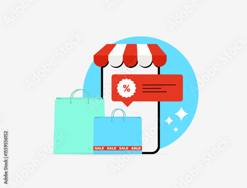 Online shopping with e-commerce discount offer and mobile commerce interface. Flat storefront, sale tags and shopping bags for flash sale and digital storefront. Online shopping vector illustration