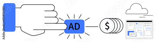 Hand clicking an ad button emitting a flash, coins symbolizing revenue flow, and webpage content under a cloud. Ideal for digital marketing, pay-per-click, ad revenue, monetization, online business