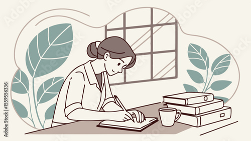 Cartoon vector illustration of a girl student reading a book at a desk in a cafe