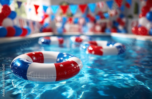 Wallpaper Mural Pool with American flag decorations. Festive celebration with colorful pool floats, red white blue colors, American bunting. Summer holiday, Indep, leisure and recreational activities. Torontodigital.ca