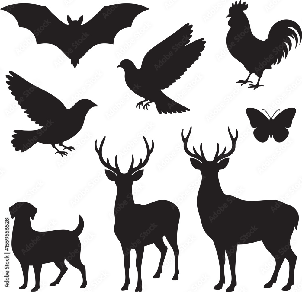 Fototapeta premium Collection of black animal silhouettes including a bat rooster doves butterfly dog and deer