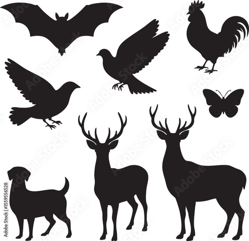 Collection of black animal silhouettes including a bat rooster doves butterfly dog and deer