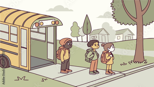 Man with a suitcase in the park, a cartoon illustration of a family walking their dog past a tree and a school building under the sky