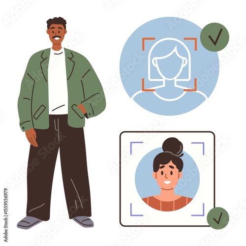Smiling man next to facial recognition scans featuring two profiles with checkmarks. Ideal for identity verification, technology, biometrics, security, permissions, modern apps, simple flat metaphor
