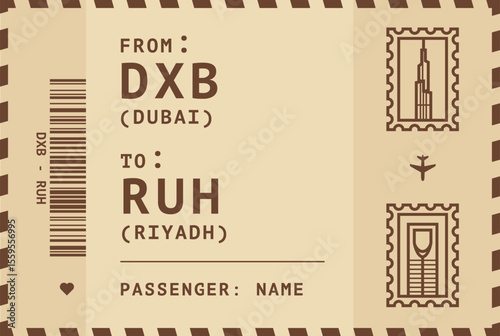 UAE, Dubai - Saudi Arabia, Riyadh flight, luggage tag, boarding pass card. Vector illustration layout for infographic, postcard, sticker, print, promo in vintage style with landmark stamps