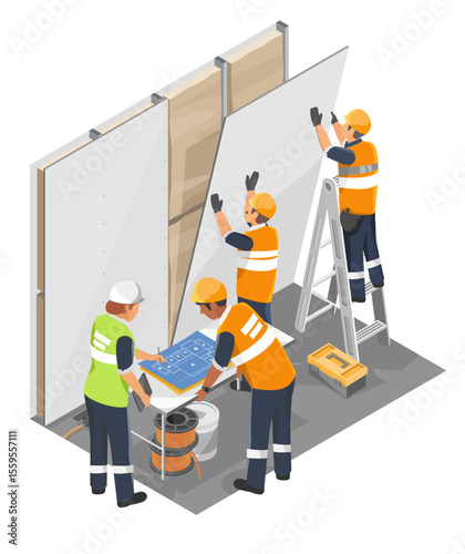 Female architect supervising interior wall panel installation with construction team during modern office renovation project