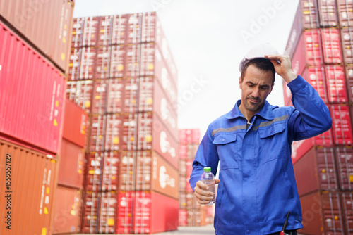 Container yard worker is taking a break and drinking water during a very hot day.