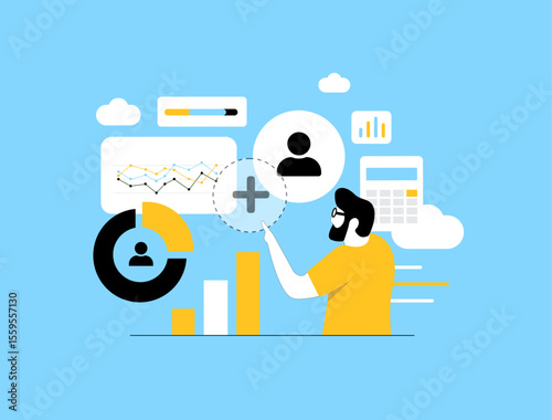 Digital twin in marketing allows predictive modeling and customer behavior simulation. Digital twin marketing supports virtual profiling and marketing automation strategies vector illustration