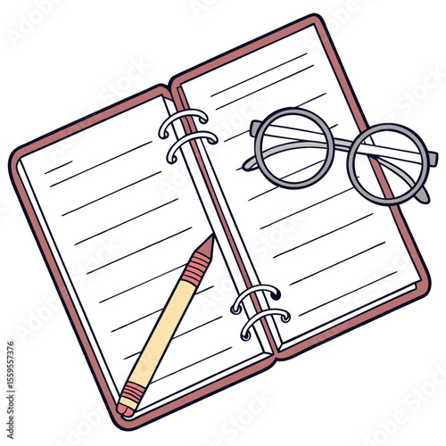 Open notebook with lined pages a pencil resting on the left side and round eyeglasses placed on the right page all on a white background