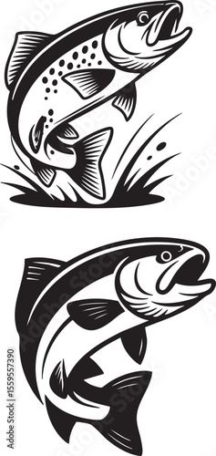 Two black and white stylized trout fish leaping out of water with grass