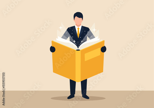 A businessman emerges from within the sparkling pages of a giant open book, symbolizing deep immersion in learning and embodying the power and wisdom of knowledge. Vector Illustration