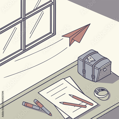 A paper airplane flies out of an open window above a desk with papers pens a bag and a roll of tape symbolizing imagination and escape