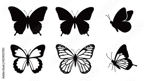 Butterfly Silhouettes and Patterns Various Designs Shown in Black and White