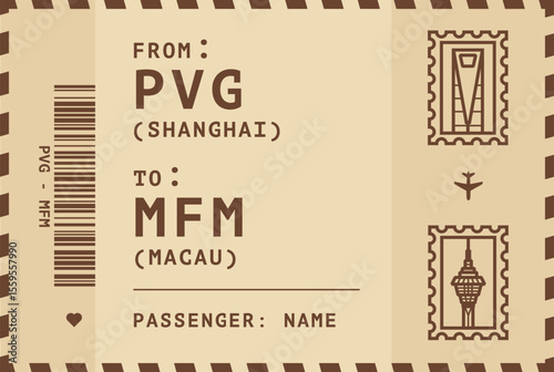 China, Shanghai - Macau flight, luggage tag, boarding pass card. Vector illustration layout for infographic, postcard, sticker, print, promo in vintage style with landmark stamps