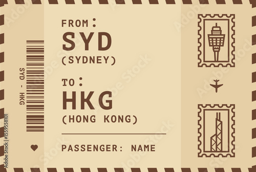 Australia, Sydney - China, Hong Kong flight, luggage tag, boarding pass card. Vector illustration layout for infographic, postcard, sticker, print, promo in vintage style with landmark stamps