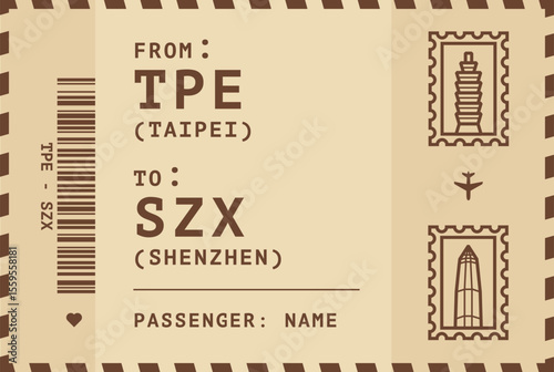 Taiwan, Taipei - China, Shenzhen flight, luggage tag, boarding pass card. Vector illustration layout for infographic, postcard, sticker, print, promo in vintage style with landmark stamps