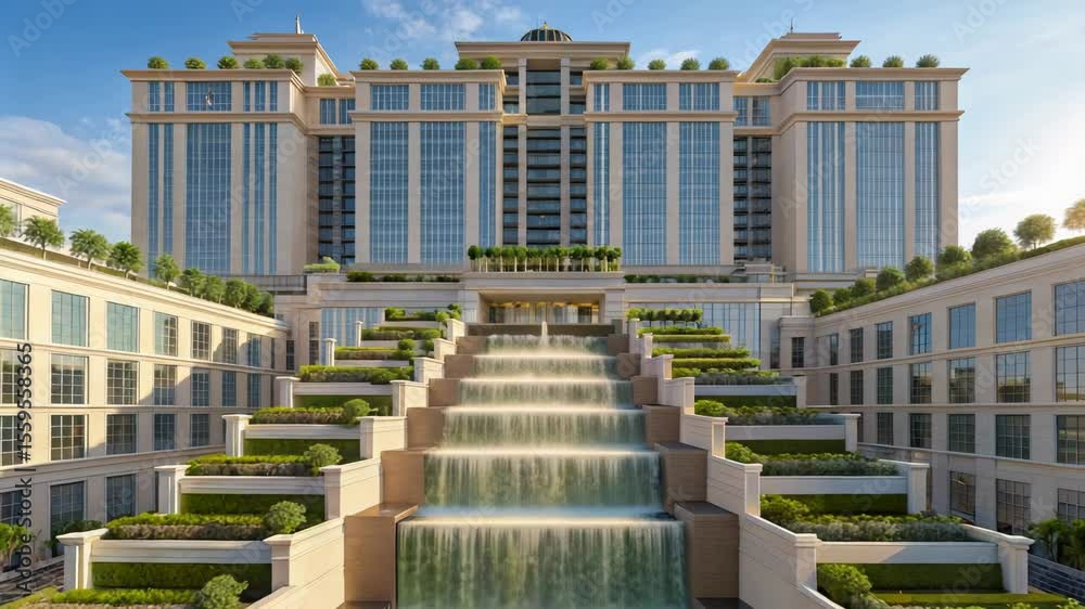Explore luxurious architecture featuring cascading waterfalls and lush greenery, a unique building design that seamlessly blends nature with urban elegance.