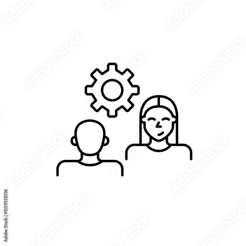 Man and woman on interview or conversation and cogwheel. Collaborative settings, communication management, interview configuration, dialogue optimization, user interaction control. Pixel perfect, edit