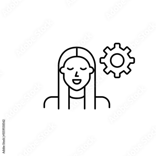 Woman and cogwheel. User settings, profile customization, female user preferences, account management, system configuration. Pixel perfect, editable stroke vector icon