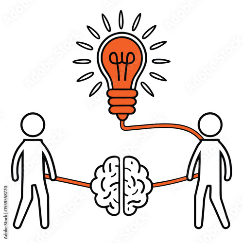 Two figures link their minds to a shared brain, creating an idea