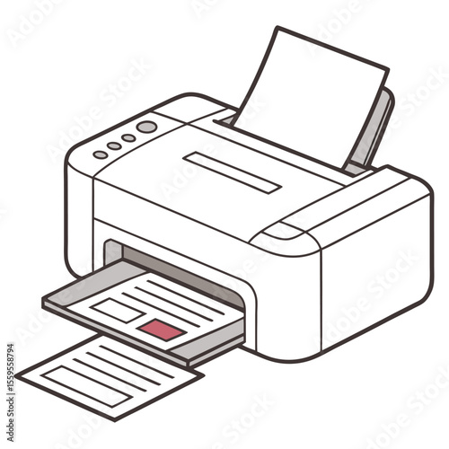 Modern white printer with paper output tray and input feeder illustrating document printing process and office technology in a clean isometric illustration