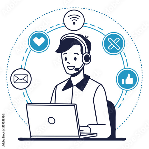 Young customer service agent types on laptop encircled by various social media icons