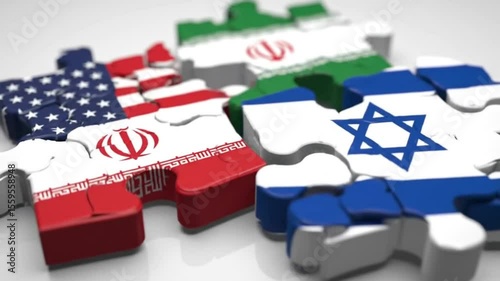 Interlocking Puzzle Pieces Featuring National Flags of United States Iran Israel and Italy