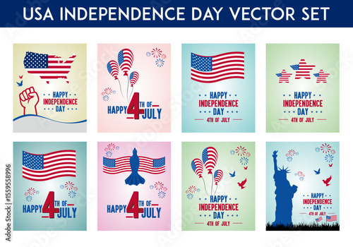 Vector Illustration set of celebrating the United States Independence Day. Includes patriotic elements such as the American flag, peace victory hand, colorful fireworks, helium balloons.