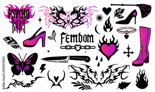 Edgy vector illustration in popular alt-gothic tattoo style. Bold black and neon magenta graphics include boots, knives, butterflies, hearts, chains, and flames with sharp, rebellious shapes.