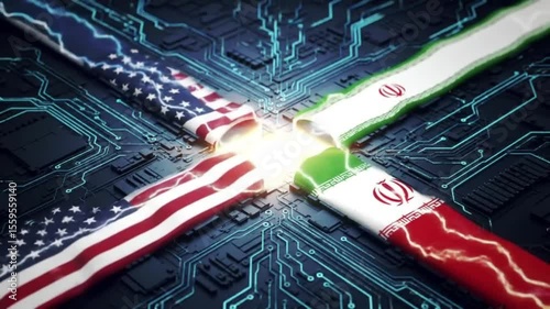 Digital Connection Between United States and Iran Flags with Lightning and Circuitry