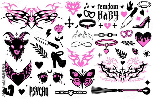 Trendy alt-gothic vector illustration with black and neon pink. Includes tribal hearts, butterflies, knives, shoes, collars, leaves, and goat—bold, edgy shapes with Y2K tattoo inspiration.