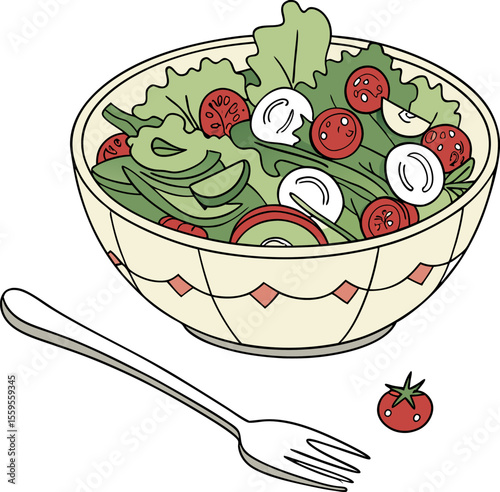 A fresh and colorful illustration of a healthy salad in a decorative bowl with a fork and a single cherry tomato on a white background