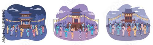Set of People in yukatas performing Bon Odori dance at a Japanese Obon summer festival.