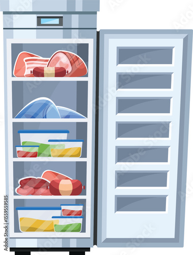Modern opened refrigerator with groceries