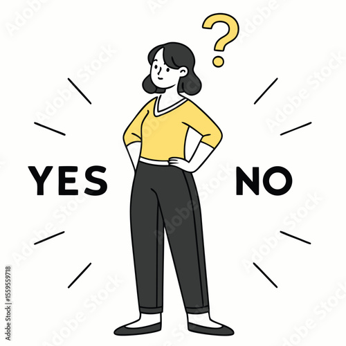 Confused woman standing between yes and no answer with a question mark above her head