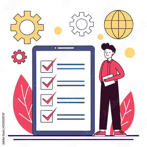 Cheerful Asian man holds document, standing near giant task checklist with earth and gear