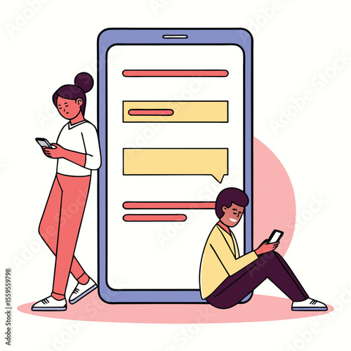 Focused young adults holding smartphones are standing by an oversized phone with messaging bubbles