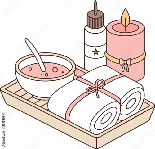 A calming spa set featuring a bowl of pink liquid with a spoon two rolled white towels tied with pink ribbon a tall pink candle with a lit flame and a bottle with a star emblem on a tray