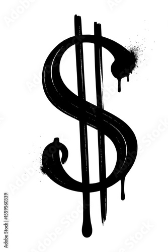 Black graffiti dollar sign with paint drips and spray splatters, isolated