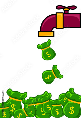 An illustration of water taps that emit a dollar bag, and isolated white background describes inflation or decreases