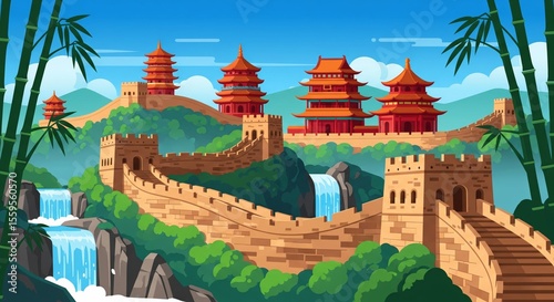 Epic Ancient Chinese Wall Landscape with Pagodas and Waterfalls