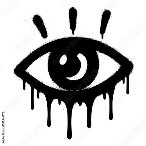 Black Graffiti Spray Paint Eye Icon with Smile and Drips Isolated