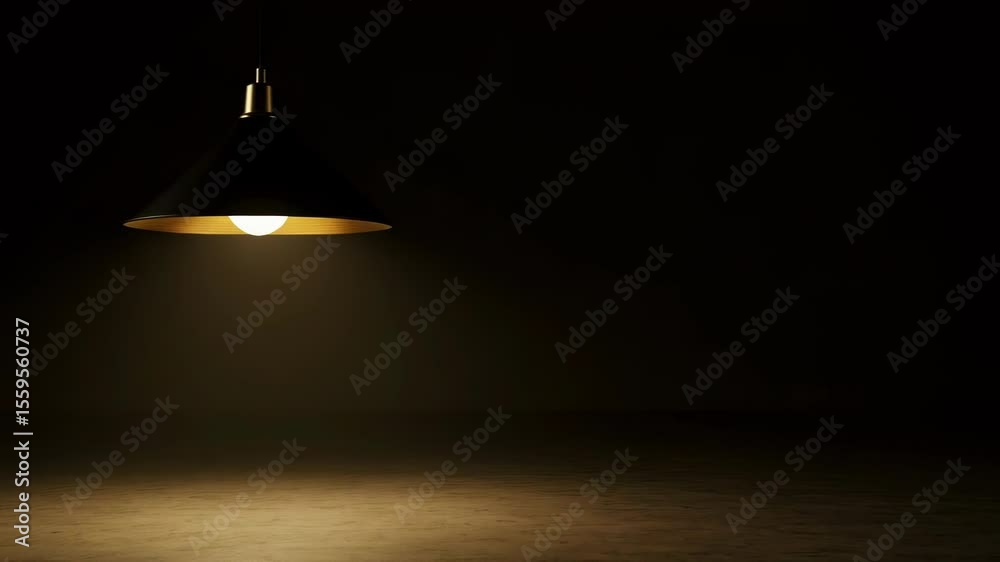 A single lamp hangs in a dark room, casting a warm spotlight on the wooden floor A single lamp hangs in a dark room, casting a warm spotlight on the wooden floor