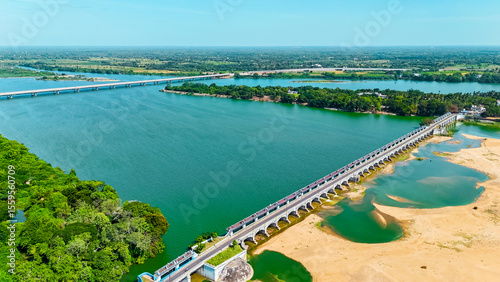 Photos An aerial view of a large dam in Tamil Nadu, South India.